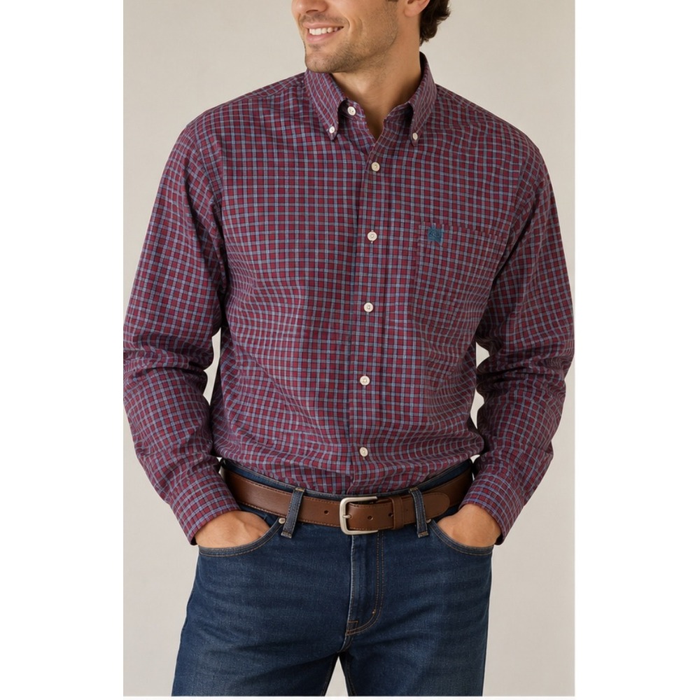 CINCH Men's Large Plaid Button Down Shirt Western Cowboy Long Sleeve Red Blue